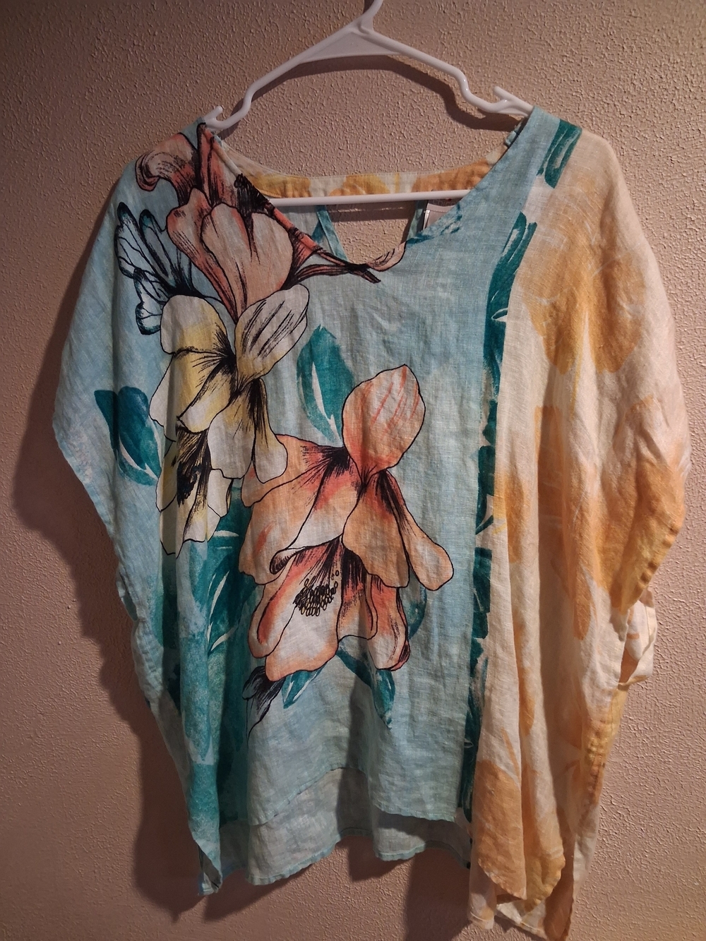 Chico's Floral Tunic in Teal, Yellow, Peach 100% Linen Popover Tunic/ Coverup M